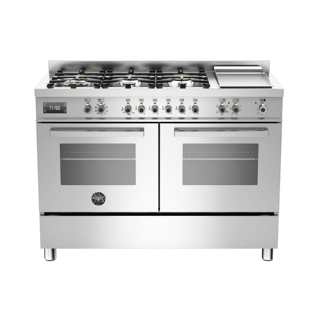 Fogão Bertazzoni Professional Inox 120cm 6 Bocas Forno Duplo 138L: fogão profissional de piso inox escovado 6 bocas com forno duplo elétrico e grelhas em ferro